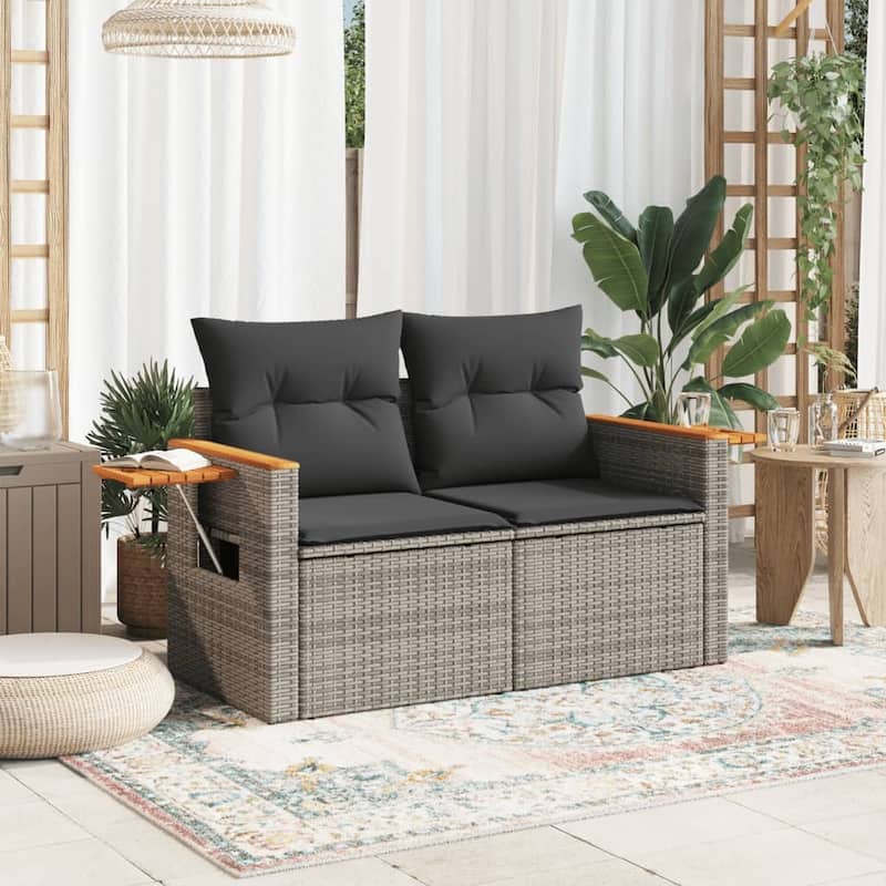 vidaXL Patio Sofa with Cushions Outdoor Seat Sectional Sofa 2-Seater Poly Rattan - 24.4 x 48.8 x 27.2 in