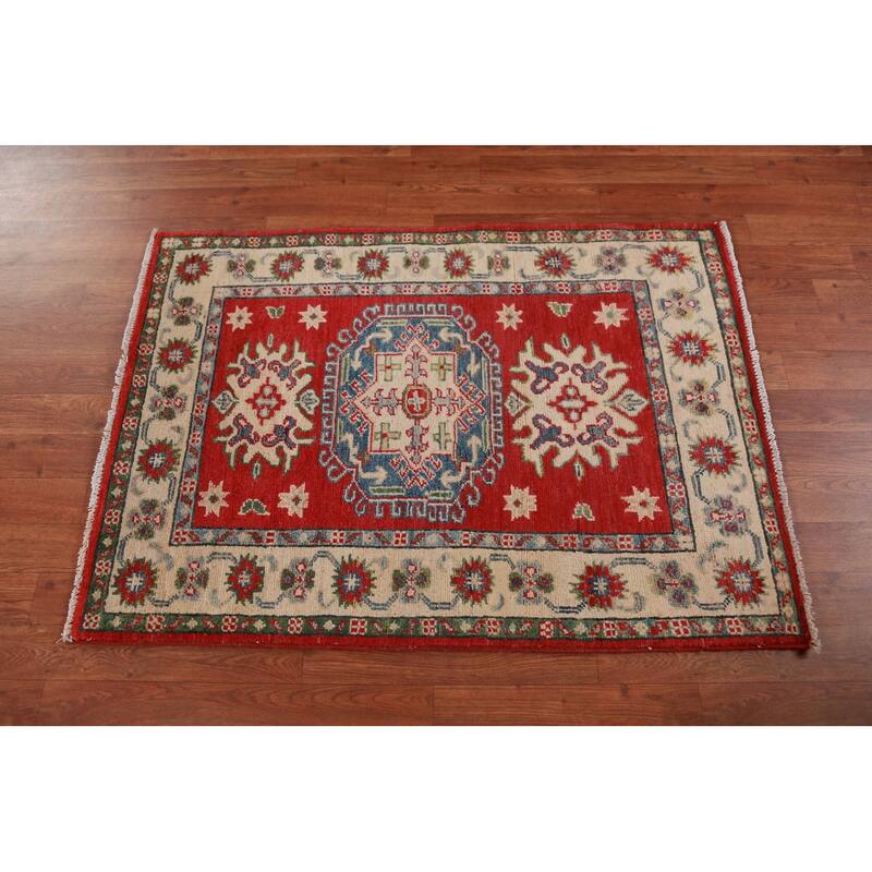 Red Kazak Foyer Rug Hand-Knotted Traditional / Geometric Wool Carpet - 2'9"x 3'9"
