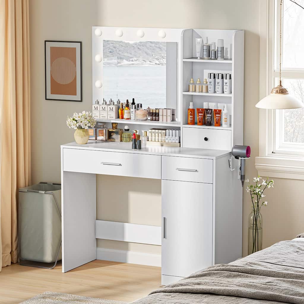 Vanity Desk with Mirror and Lights, Power Outlet & 11 Lights, Makeup Vanity Desk 3 Color Modes & Adjustable Brightness NEW