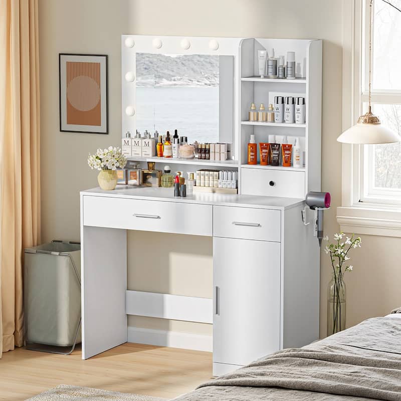 Vanity Desk with Mirror and Lights, Power Outlet & 11 Lights, Makeup Vanity Desk 3 Color Modes & Adjustable Brightness NEW - 2 Drawers