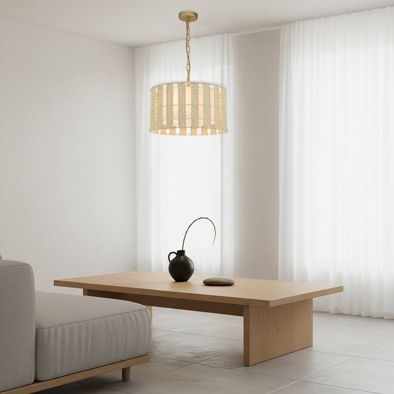 Roka 3-Light Rattan Rope Drum Pendant, Coastal Boho - Handwoven - 18" Wide