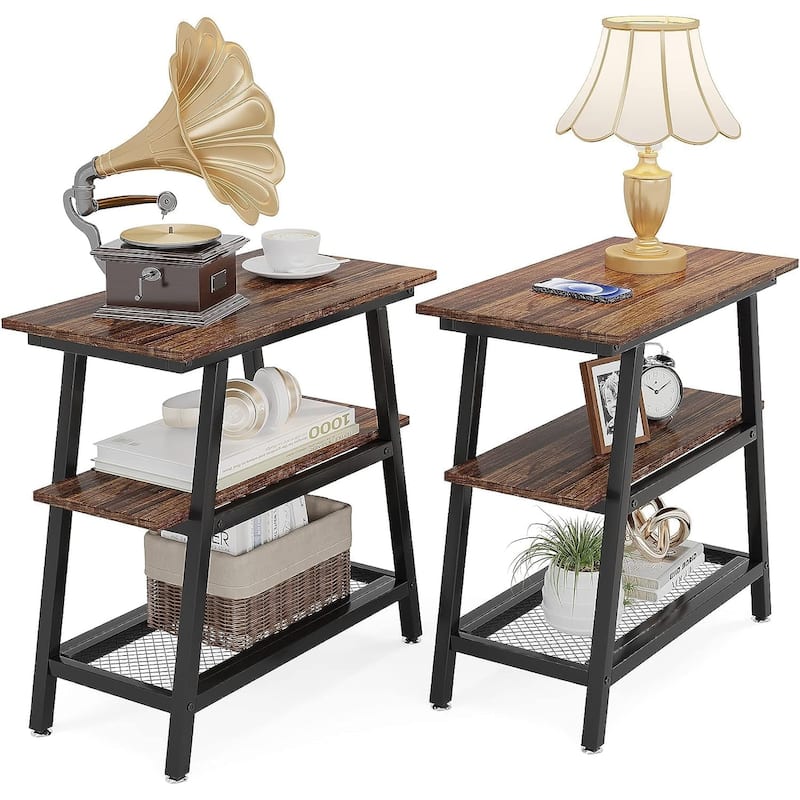 End Table, Side Table with 3-tier Storage Shelf