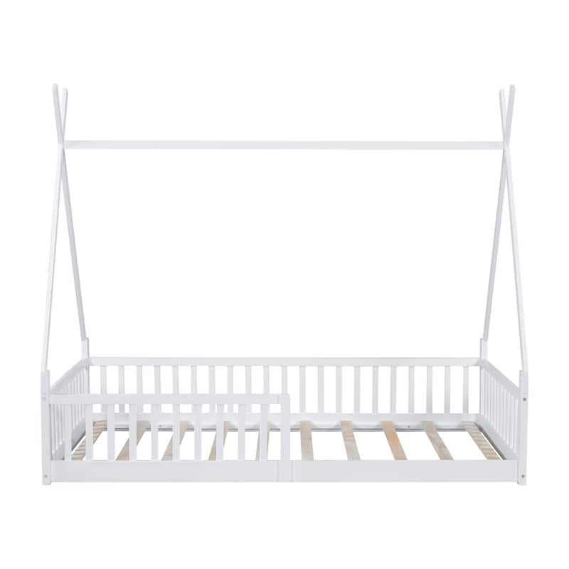 Twin Size Floor Bed, Platform Bed Frame with Fence and Roof, Solid Wood Playhouse Bedframe w/Open Door, No Box Spring Needed