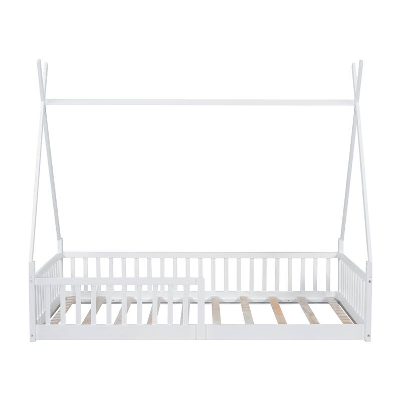 Twin Size Pine Wood Panel Bed with Safety Fence and Distressed Pink Finish