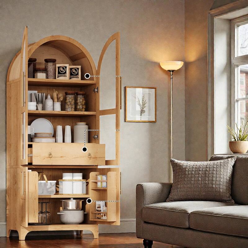 71" Tall Arched Kitchen Pantry Cabinet with Glass Door, Door Shelves, Adjustable Shelves and Hidden Drawer for Dining