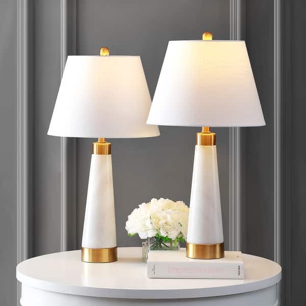 slide 2 of 7, Stephen 26.5" Marble/Iron Gold Modern Column LED Table Lamp, White by JONATHAN Y