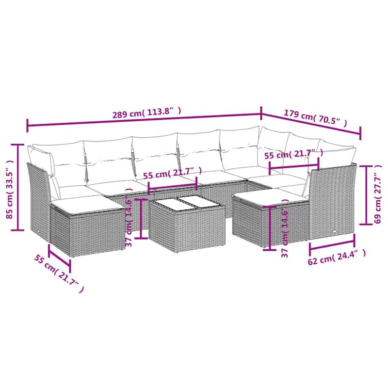 vidaXL Patio Sofa Set with Cushions Outdoor Conversation Furniture Poly Rattan - 21.7" x 24.4" x 27.2"