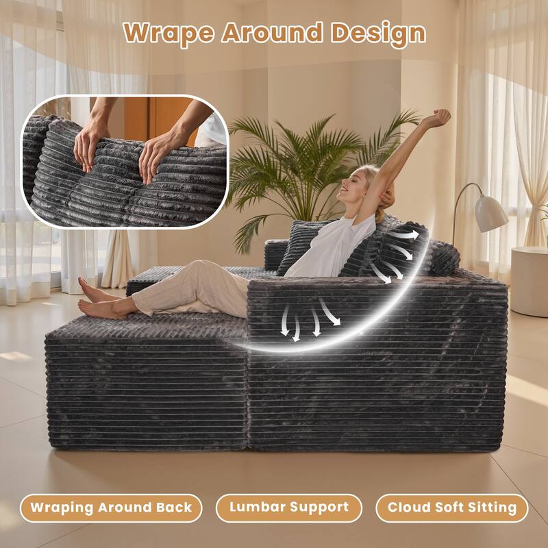 HOOOWOOO Modern Plush Corduroy L-shaped Sofa Chaise Lounge with Ottoman