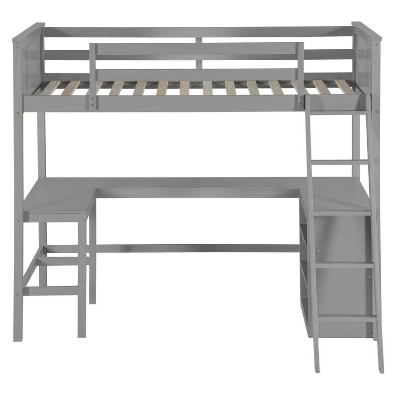 Twin size Wooden Loft Bed with Shelves and Desk