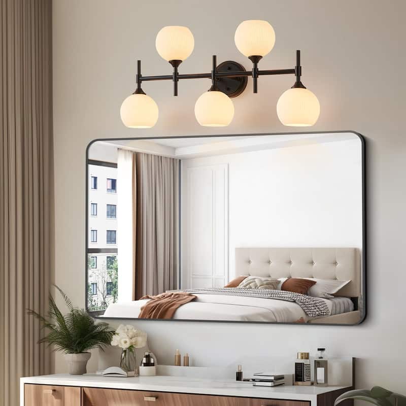 KAWOTI 5-Light Dimmable Bathroom Vanity Light with Frosted White Glass - L27.75" * H13"
