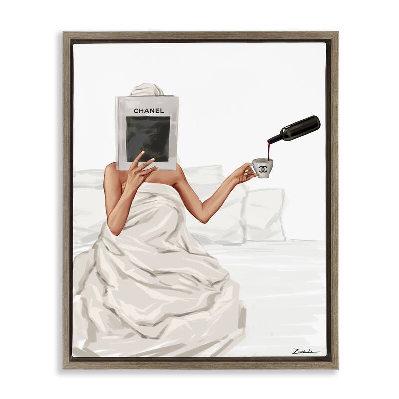 Stupell Pouring Drink in Bed Framed Floater Canvas Wall Art Design By Ziwei Li - 25 x 31 - Brown