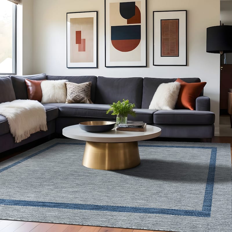 Beverly Rug Modern Bordered Indoor Outdoor Rug, Outside Carpet for Patio, Deck, Porch
