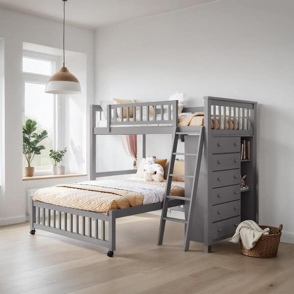 slide 2 of 15, Wooden Twin Over Full Bunk Bed With 6 Drawers And Shelves, Grey Grey