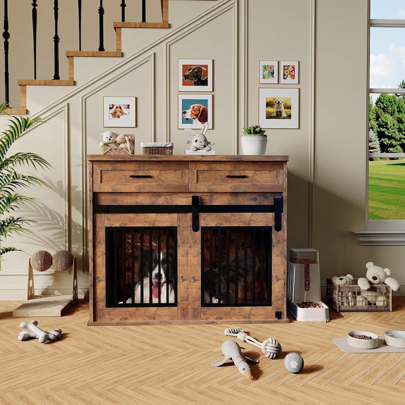 44.5" Dog Crate Furniture, Pet Kennel with Storage Drawer for Medium/ Small Dogs - Brown