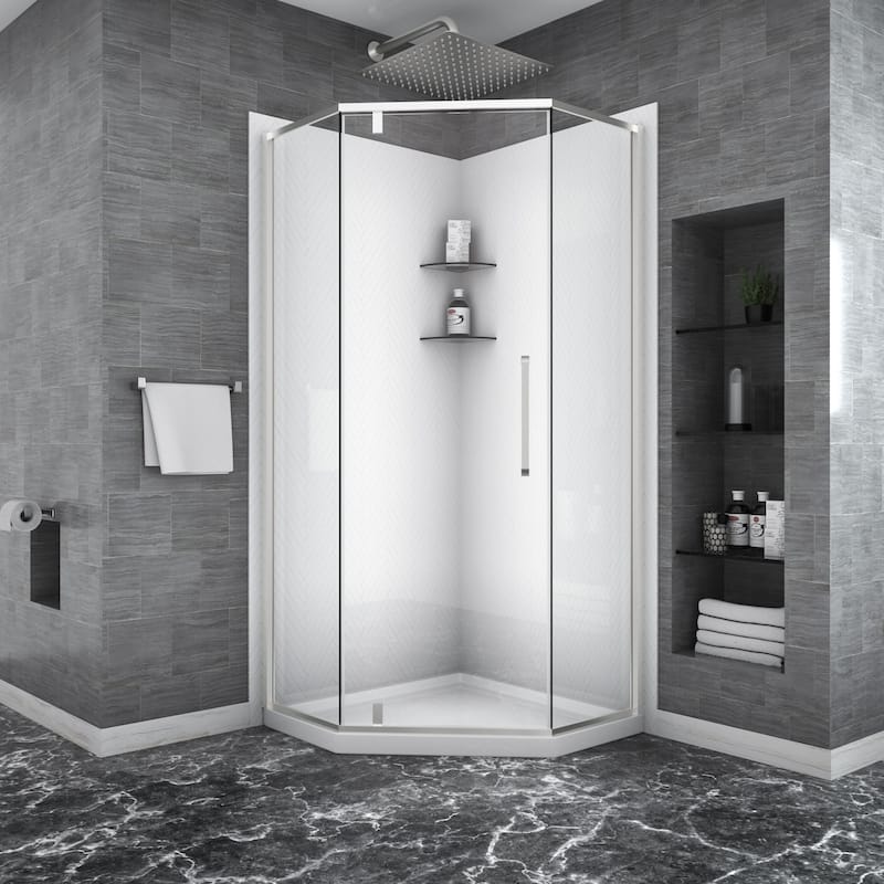 Kichae Shower Door 34-1/8" x 72" Semi-Frameless Neo-Angle Hinged Shower Enclosure - 34'' x 72'' - Chrome