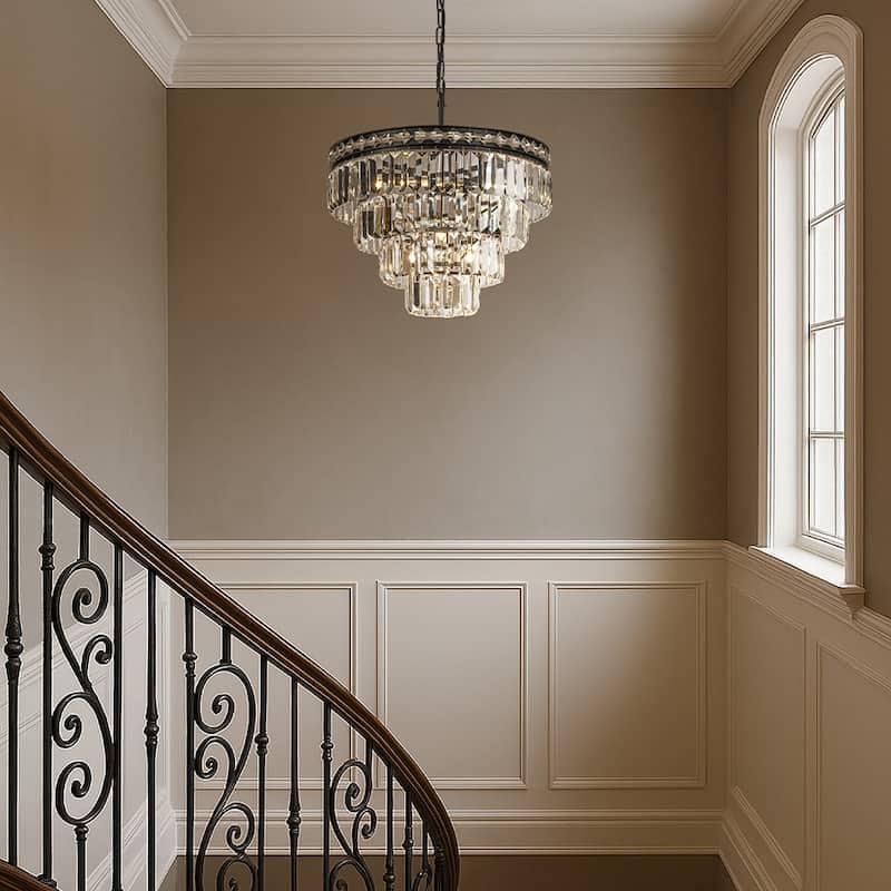 18'' Modern Classic Crystal Chandelier With Matte Black Finish 4-Light Tiered Pendant Ceiling Light For Dining Room Bedroom