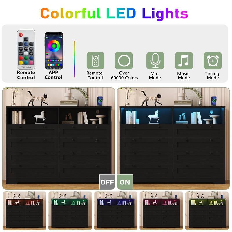 8 Drawers Wooden Dressers for Bedroom Living Room, Hallway, Wood Dressers with Led Lights and Charging Station