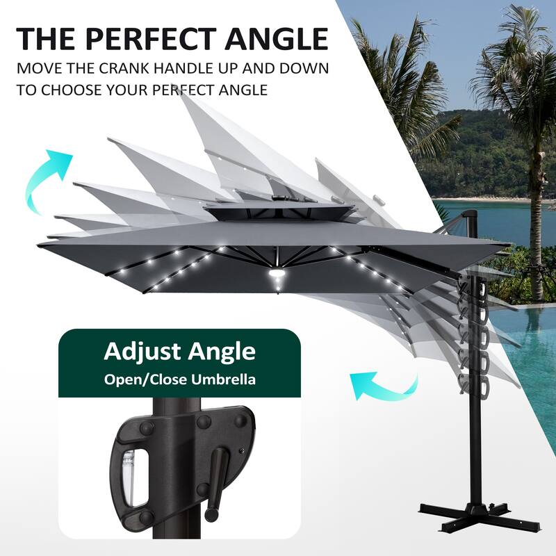 9 X 11 FT Outdoor Patio Cantilever Umbrella with Solar Lights 4-Piece Premium Base Double Canopy 360 Rotation Tilt