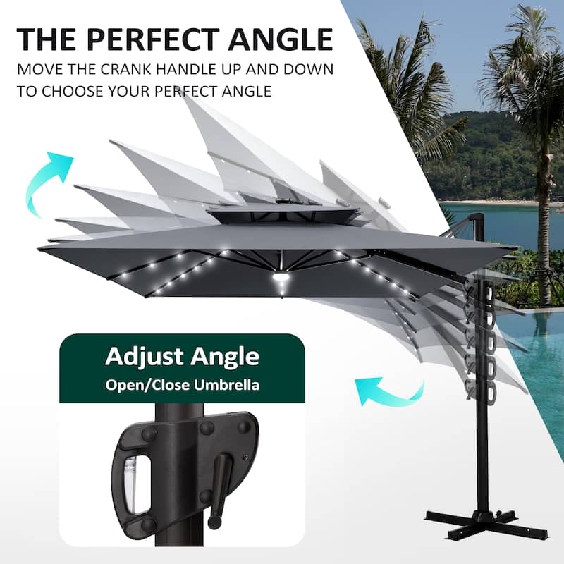 Pellebant 9x11 FT Outdoor Patio Double Top Cantilever Umbrella Solar LED Lighted with Rod Base