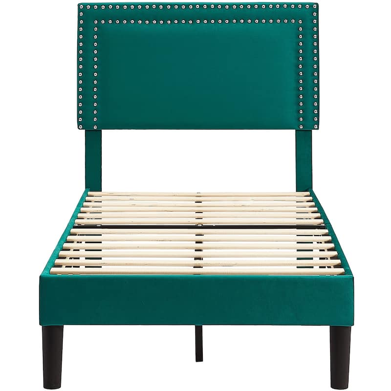 2 Pcs Upholstered Twin Size Platform Bed with Adjustable Headboard