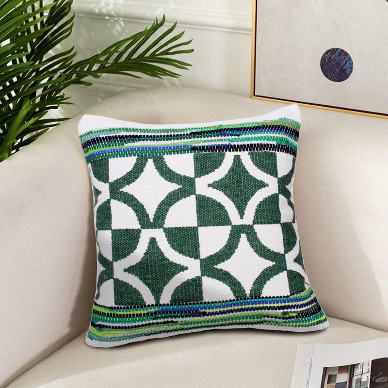 HomeRoots 20" X 20" Green White And Blue 100% Cotton Geometric Zippered Pillow