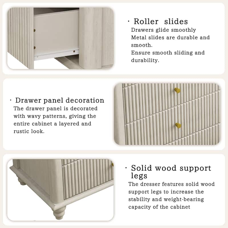 Modern Nightstand Storage Cabinet with 5 Drawers Dresser, Wooden Fluted Top Dresser with Anti-Tip Safety