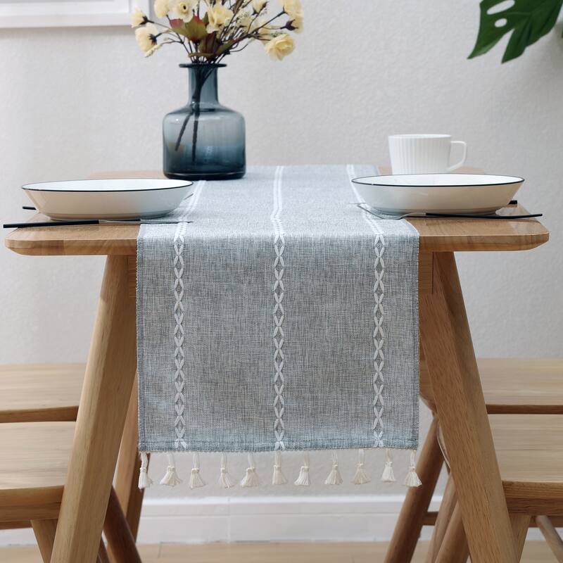 Boho Embroidered Table Runners With Tassels - Grey