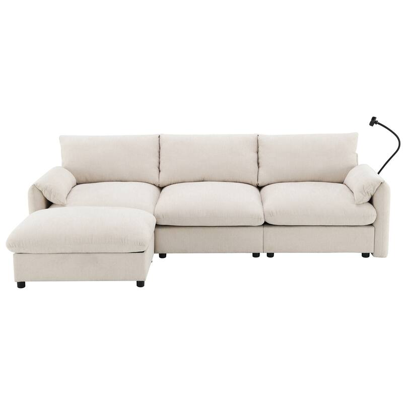 Roomfitters 96.5" L-Shaped Sectional Sofa with Storage Ottoman, Phone Holder, USB Charging, Deep Seat Chenille Couch