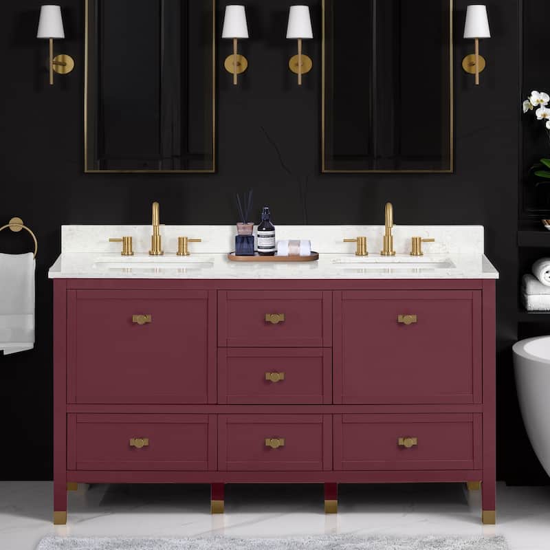 Alana Bathroom Vanity in Burgundy Red with Alluring Quartz Top - 61"W x 22"D x 35"H