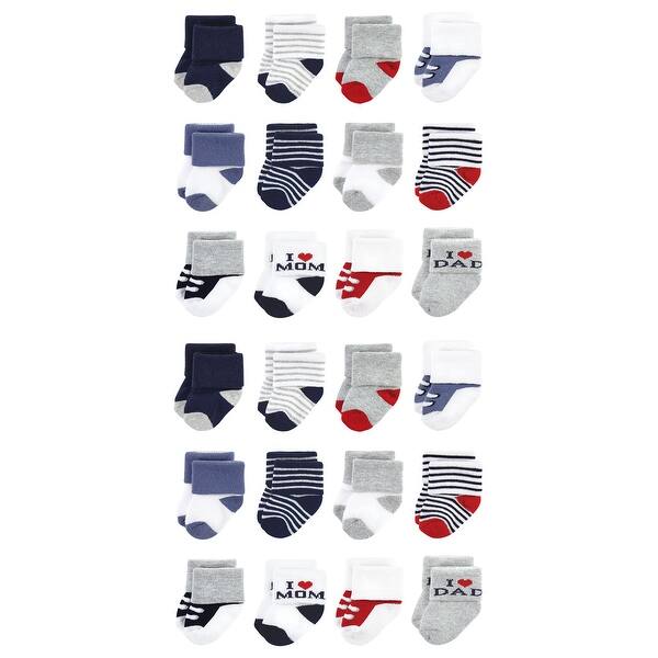 slide 1 of 1, Hudson Baby Cotton Rich Baby Terry Socks 24-Pack, Mom Dad Boy Navy Red 6-12 Months - Mom  Dad Boy Navy Red