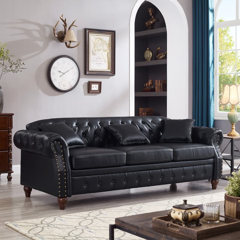 Chesterfield Sofa Classic Tufted Technical Leather Lounge Couch with Hidden Storage, Nailhead Trim and Pillows, for Living Room