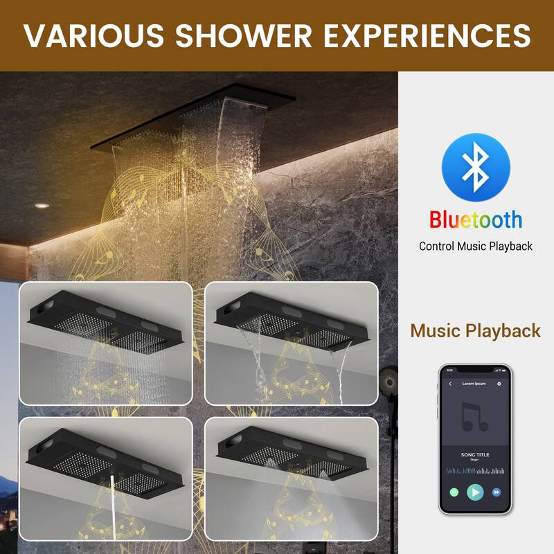 8-Spray 35 in. x 12 in. Ceiling Mount Fixed and Handheld Dual Shower Head 2.5 GPM with Bluetooth Music and 3-Body Jets