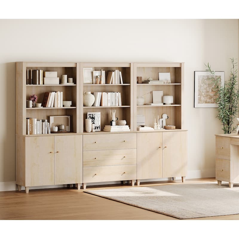 WAMPAT 71" Tall Bookshelf Set of 3, 5-Tier Modern Bookcase with 2 Cabinets and 3 Drawers for Living Room