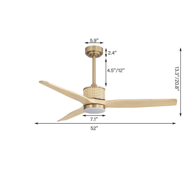 MLiAN 52 In. 3 Solid Wood Indoor Ceiling Fan with Light Kit - 52"