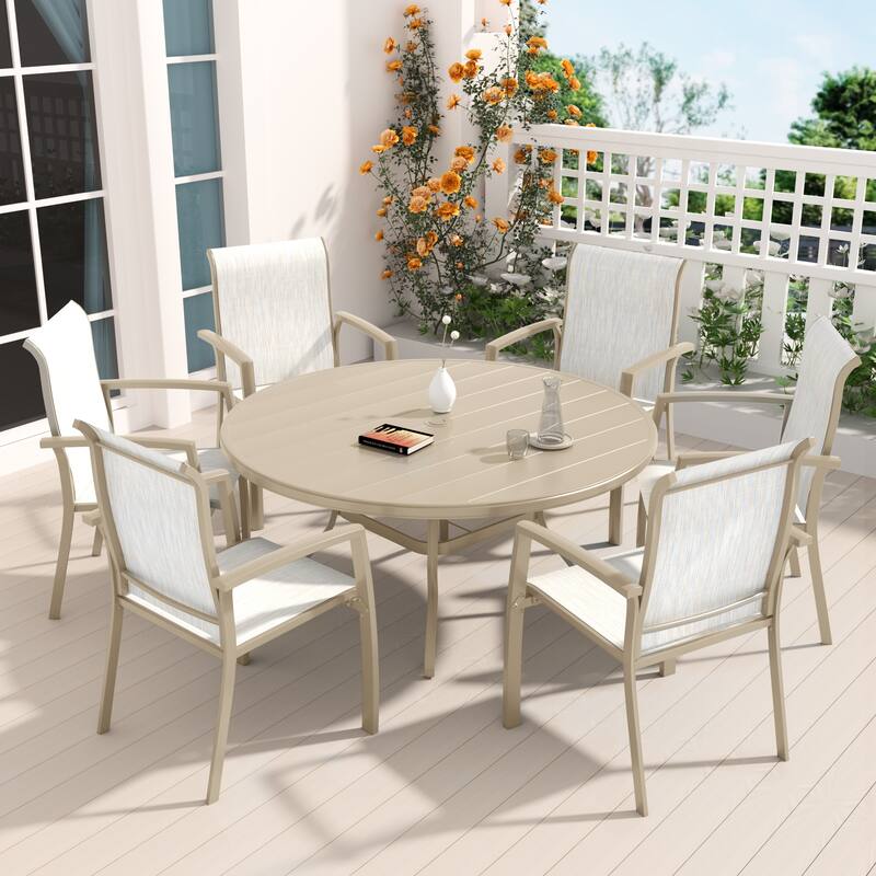 7 Pieces Patio Dining Set, Patio Furniture Set of 6 Patio Stackable Dining Chairs and 52.95" Outdoor Metal Round Table - Sandstone
