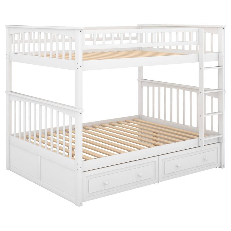 Solid Pine Convertible Bunk Bed with 2 Drawers, Fence Guardrail