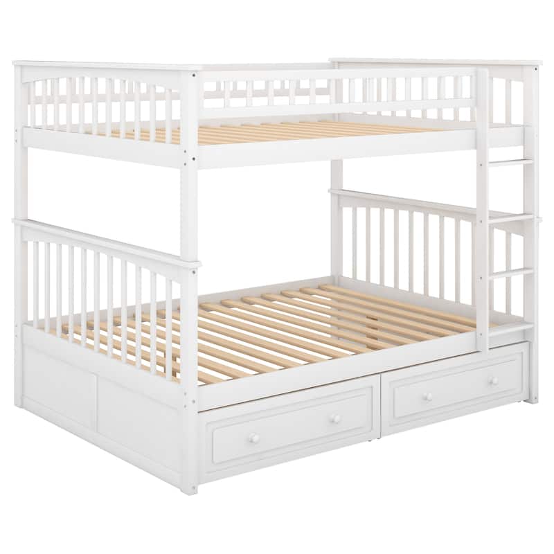 Twin/Full Convertible Bunk Bed with Wheels Drawers, Pine Wood Frame, Safety Guardrails, and Easy Assembly, White/Grey