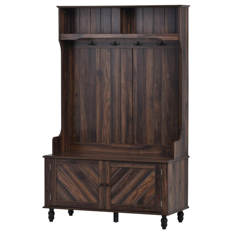 Modern Hall Tree, Entryway Bench with 2 Open Storage Shelves, 4 Metal Double Hooks, for Entrance and Hallway