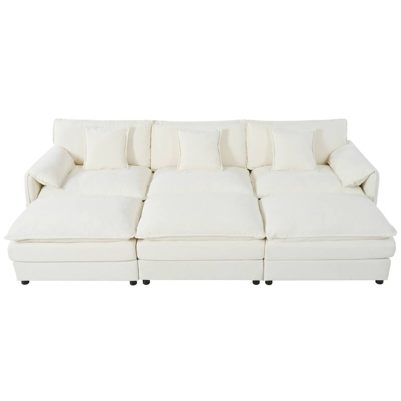 Modular Sleeper Sofa Bed Chenille 3 Seater Sectional Couch with 3 Ottomans, Thickened Seat Cushions and Side Pockets