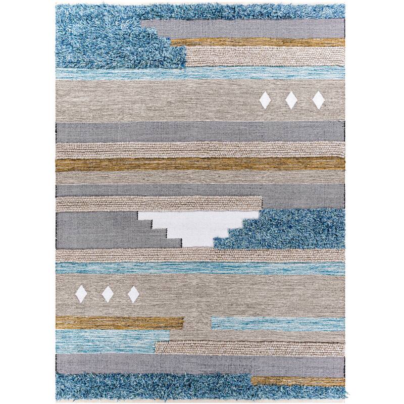 Pavan Handmade Bohemian Striped Area Rug - 8' 10" x 12' - Blue/Grey