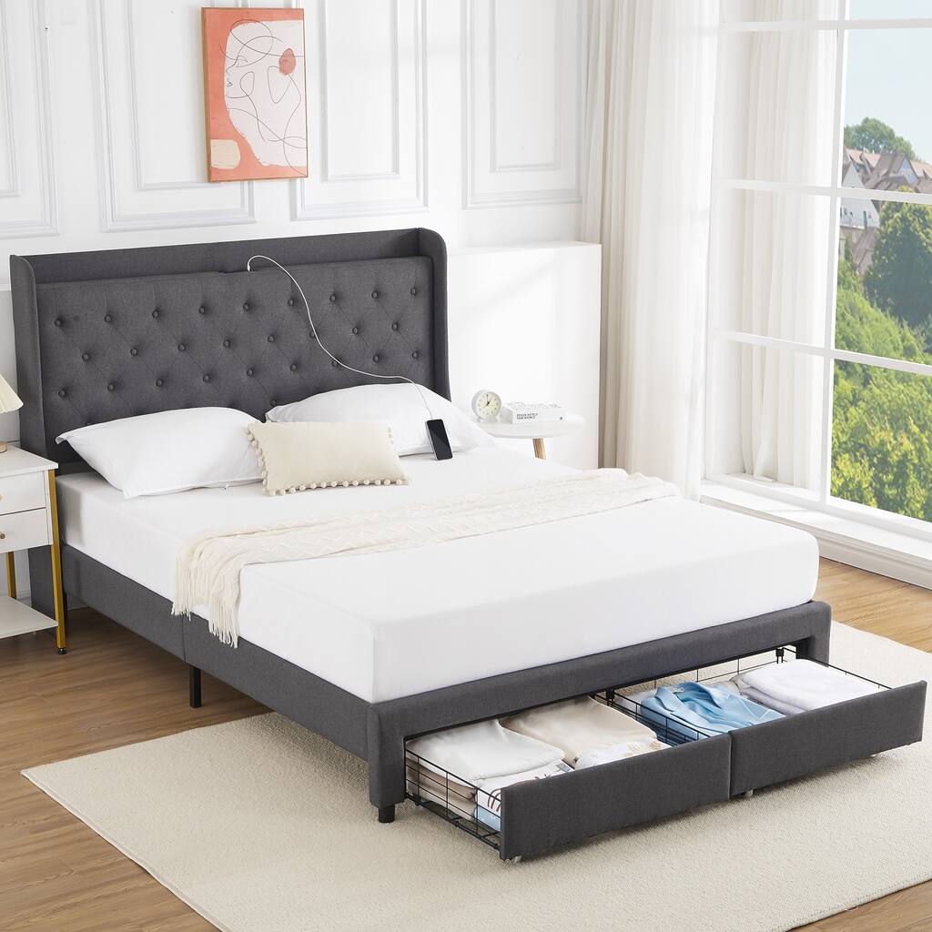 Bed Frame with 2 Storage Drawers & USB Charging Station