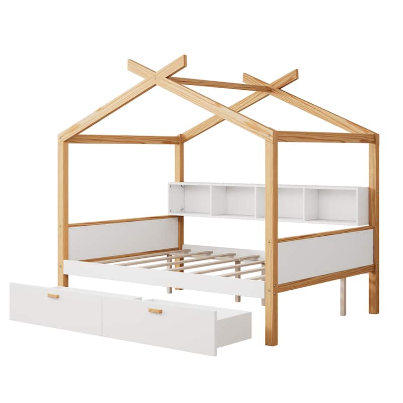 House-shaped Bed Frame for Bedroom Kids Boys Girls Daybed with Side Bookcase, Available with Trundle Bed or Storage Drawers