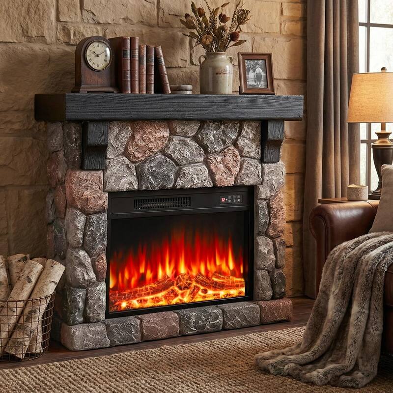 BOSSIN 36" /40" Electric Fireplace with Mantel, 23 inch Electric Fireplace Insert, TV Stand Freestanding Heater Flame Faux Stone - 36INCH - Grey