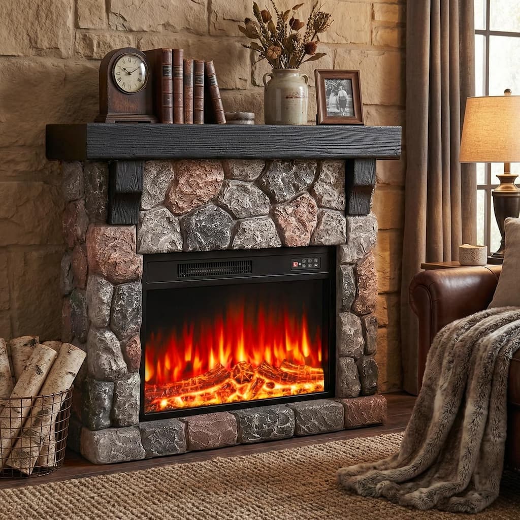 BOSSIN 36"/40" Electric Fireplace with Mantel, 23 inch Electric Fireplace Insert, TV Stand Freestanding Heater LED Flame