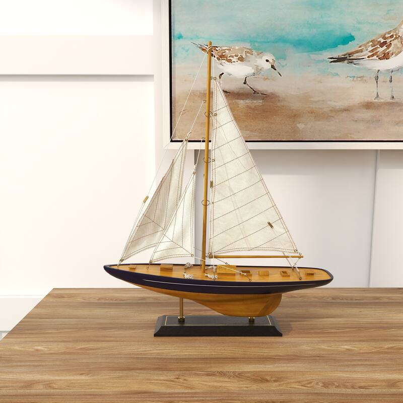 Brown Wood Sail Boat Decorative Sculpture with Beige and Navy Accents and Lifelike Rigging