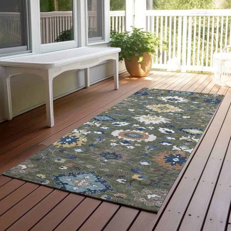 Machine Washable Indoor/ Outdoor Traditional Marci Chantille Rug - Olive - 2'3" x 7'6"