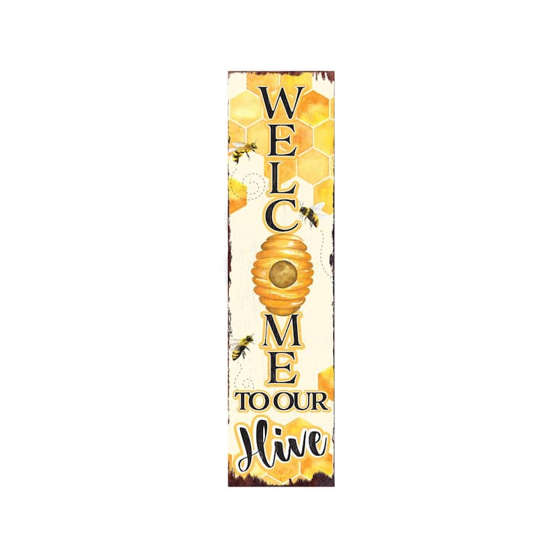 HomeRoots 36" Yellow And Black Solid Wood Welcome To Our Hive Porch Sign