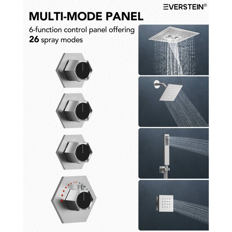 Shower Faucet Set Dual Heads with 3 Spray Modes 16" Ceiling and 6" Wall Mount Body Jets Handheld Spray LED Music
