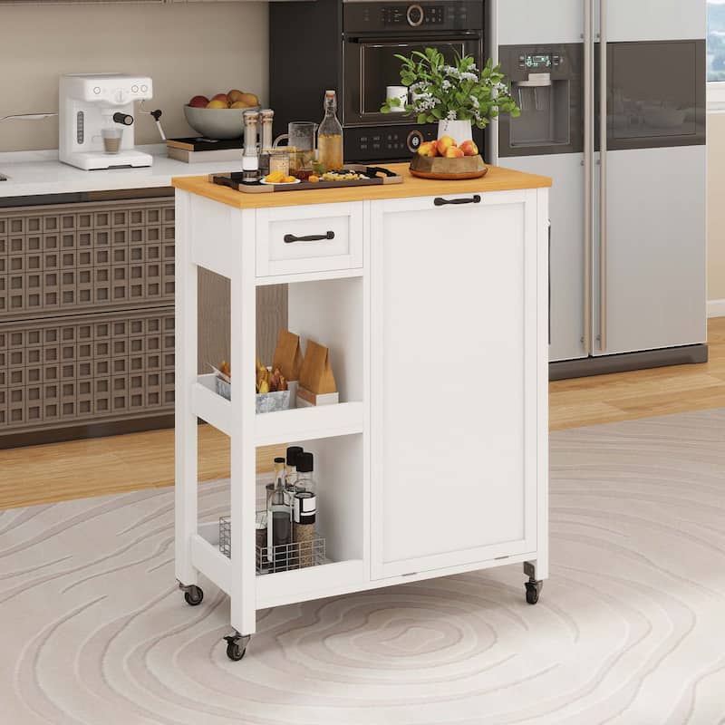 Moasis Kitchen Island Cart on Wheels with Trash Can Storage Cabinet - White-13 Gallon Trash Bin