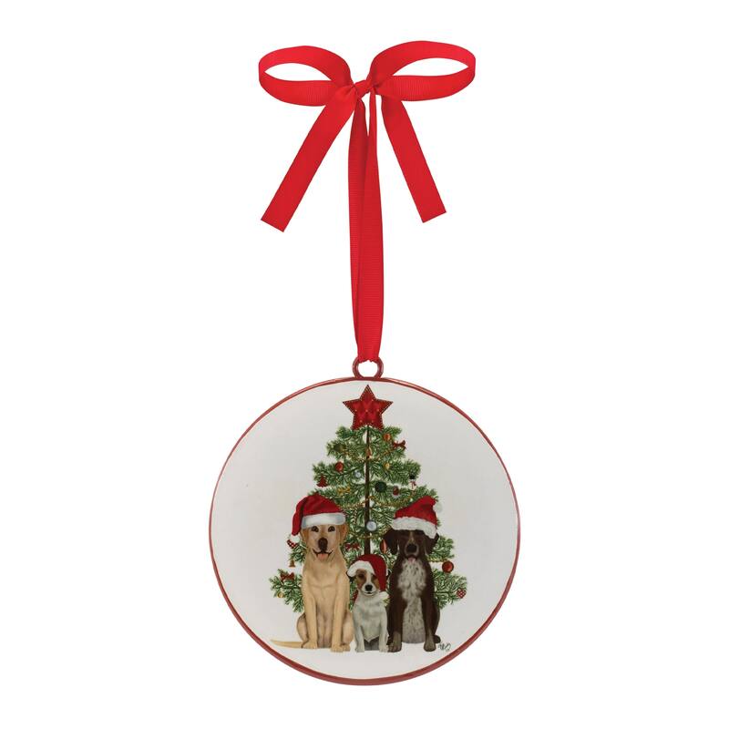 Set of 12 Dog Christmas Tree Ornaments Iron Disc Decor with Festive Ribbon for Holiday Display - 6”L x 1”W x 6”H